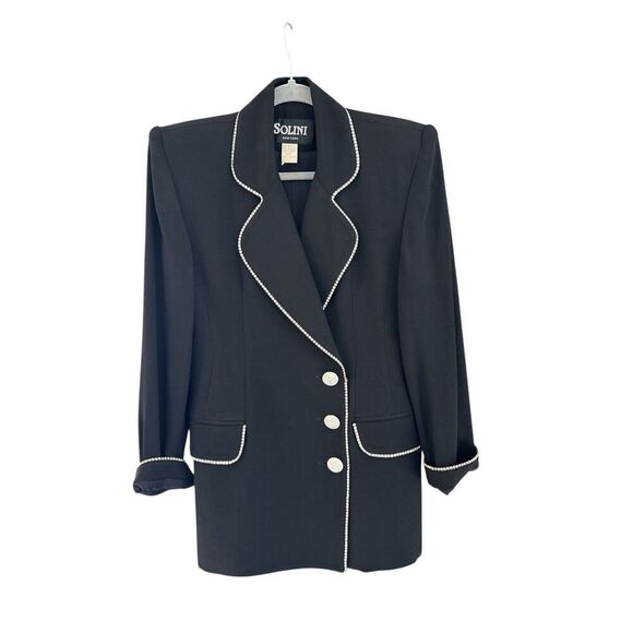 Vintage Solini Women's Padded Shoulder Rhinestone Trim Blazer Black Size 4 - Picture 1 of 7